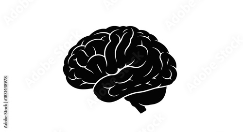 Bold black silhouette of a human brain symbolizing intelligence, knowledge, and complex thought processes for modern concepts.