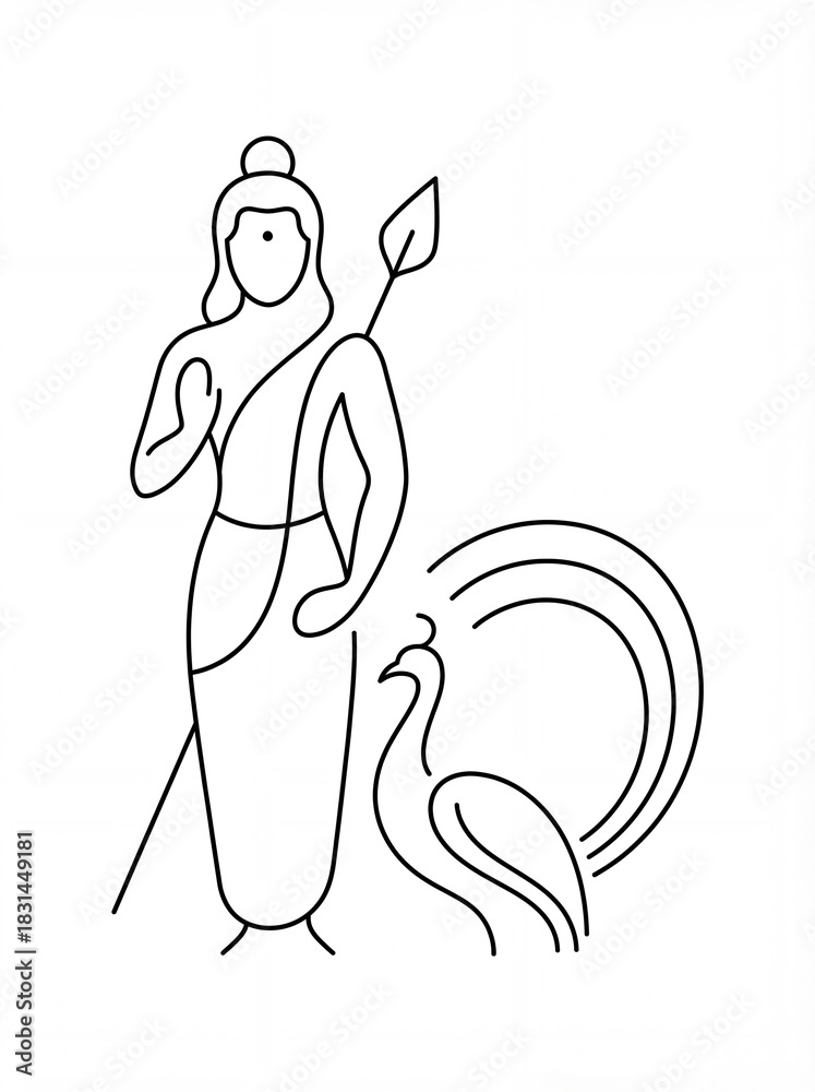 Obraz premium Line art illustration of lord murugan with vel and peacock in simplistic black and white design style