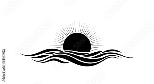Radiant sun emerging from stylized waves creating a powerful symbol of hope, new beginnings, and natural beauty for your projects
