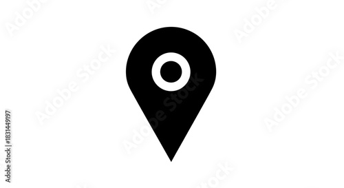 Modern black and white location pin icon representing navigation, mapping, and destination discovery for travel or business planning.