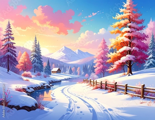 Snowy landscape with vibrant trees, a stream, and mountains under a pastel sky