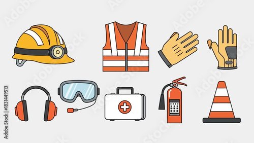 Safety equipment icons, including hard hat, vest, gloves, ear protection, goggles, first aid kit, fire extinguisher, and traffic cone