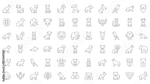 Big set of line icons featuring various animals from the zoo, farm, and pets. Collection of simple outline symbols for wildlife and domestic animal concepts
