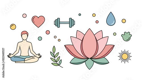 Harmonious vector illustration set showcasing health, mindfulness, and balanced lifestyle concepts, including meditation, fitness, natural elements, and well-being symbols for a tranquil design