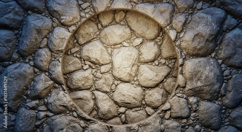 Rough stone wall texture features a circular indentation filled with illuminated rubble