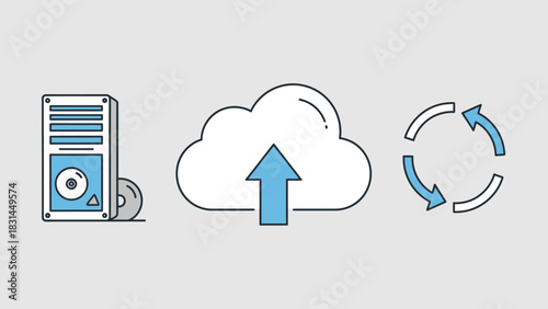 Digital data storage and synchronization icons cloud, server, and refresh cycle