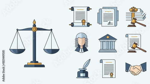 Law and Justice Icons Scales, Documents, and Legal Elements