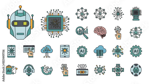 A comprehensive collection of flat line art icons representing artificial intelligence, machine learning, and future technology concepts
