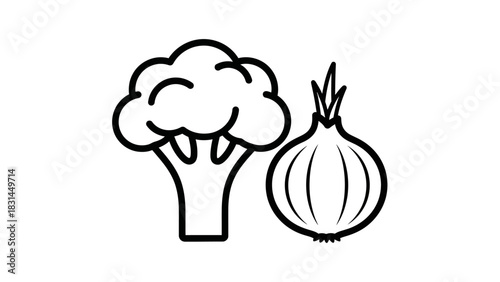 Simple line art icon of fresh broccoli and onion, a vector illustration representing healthy eating, organic vegetables, and cooking ingredients