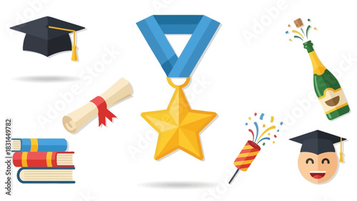 Graduation celebration symbols including mortarboard hats, diplomas, medals, books, champagne, and confetti poppers, representing academic achievement and success