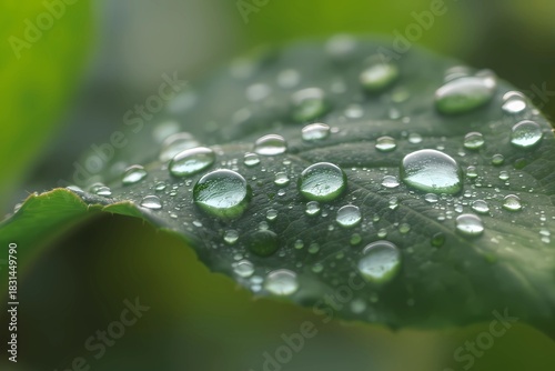 Macro Green Leaf with Morning Dew Droplets