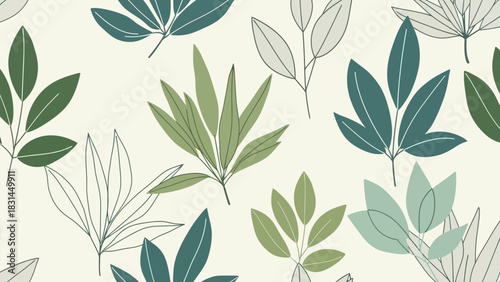 Seamless botanical pattern featuring stylized leaves in various shades of green and soft cream background