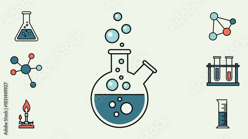 Science and Chemistry Icons Molecular Structures, Flasks, Test Tubes, and Lab Equipment in Vector Design
