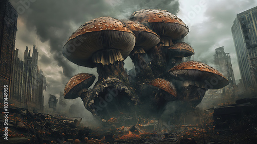 Enormous fungi rising above ruined cityscape fantasy concept illustration