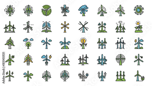 Collection of Minimalist Wind Turbine Icons for Renewable Energy and Sustainable Power