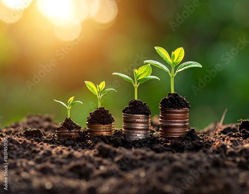 Stacked coins with growing plants, symbolizing financial growth and nature