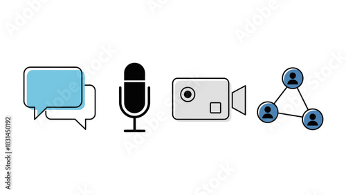 Set of communication icons including chat bubbles, microphone, video camera, and network connection for digital interaction