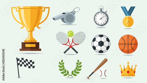 A comprehensive collection of flat design sports icons symbolizing competition, achievement, and victory
