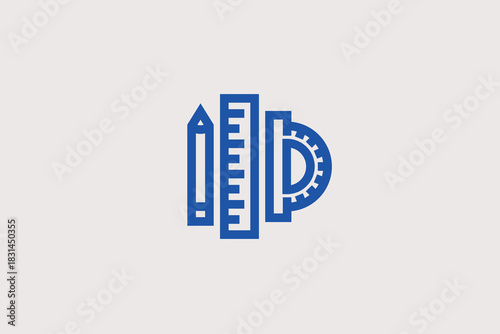 drawing, gear, ruler and pencil illustration in line style design. Vector illustration.	