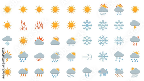 Comprehensive collection of flat weather forecast icons for web and app design, showcasing sun, clouds, rain, snow, and storm symbols