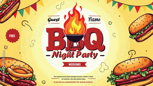 Sizzle and Grill – Energetic BBQ Illustration with Flaming Steaks on Charcoal Grill