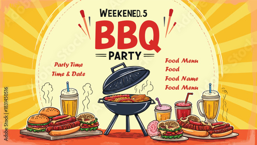 Sizzle and Grill – Energetic BBQ Illustration with Flaming Steaks on Charcoal Grill