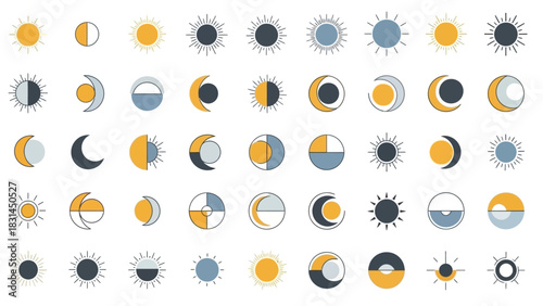 Extensive collection of flat design sun and moon icons, illustrating celestial phases and astronomical symbols, perfect for minimalist cosmic themes and mystical designs