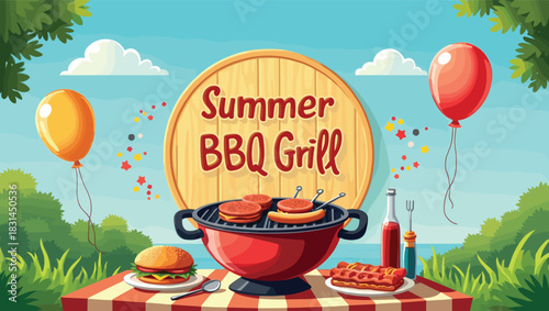 Colorful Summer Barbecue Grill with Burgers and Hotdogs – Fun Outdoor Cooking Art