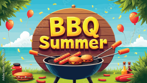 Colorful Summer Barbecue Grill with Burgers and Hotdogs – Fun Outdoor Cooking Art