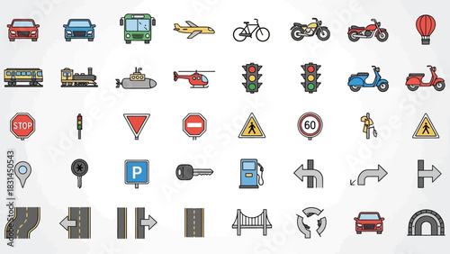 Collection of transportation and traffic icons including vehicles, signs, and road elements