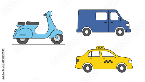 Urban transportation vector icon set featuring a scooter, commercial van, and taxi car. Simple line art illustrations for web and graphic design