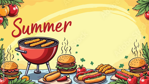 Colorful Summer Barbecue Grill with Burgers and Hotdogs – Fun Outdoor Cooking Art