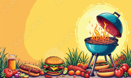 Vibrant Summer BBQ Illustration with Grill, Burger, and Fresh Ingredients