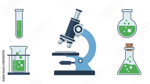 Science and laboratory equipment illustration including a microscope and beakers with green liquid