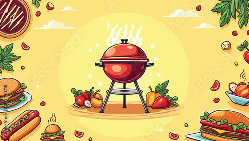Vibrant Summer BBQ Illustration with Grill, Burger, and Fresh Ingredients