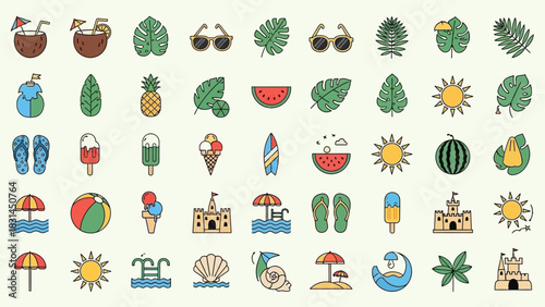 Vibrant collection of colorful summer vacation and tropical beach theme line art icons for travel and leisure