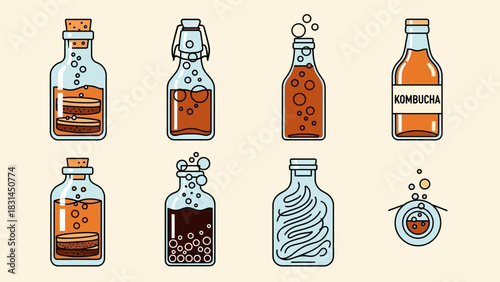 Kombucha Culture Collection Diverse Fermented Tea Drink Line Art