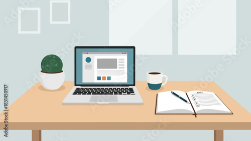 Flat design illustration of a modern home office workspace with a laptop, coffee, and notebook on a wooden desk