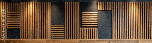 Acoustic wood panel wall with black cloth concept. Elegant wooden wall design with modern lines and textures.