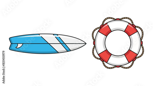 Surfboard and Lifebuoy Illustration Beach Safety and Surfing Icon Set