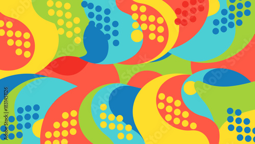 Vibrant abstract artistic background featuring a playful pattern of overlapping organic shapes and dots in bright, cheerful summer colors