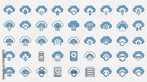 A versatile icon set illustrating cloud computing concepts including data upload, download, server synchronization, and network storage