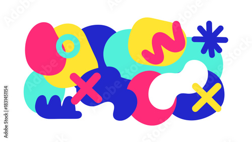 Vibrant abstract shapes in a playful, modern graphic design composition creating an energetic and artistic visual concept that combines diverse forms and bright colors for a contemporary aesthetic