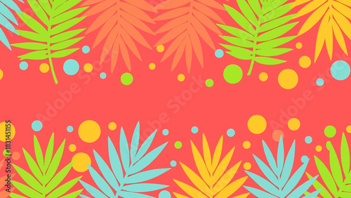 Vibrant tropical leaves and colorful polka dots creating a cheerful and energetic background pattern