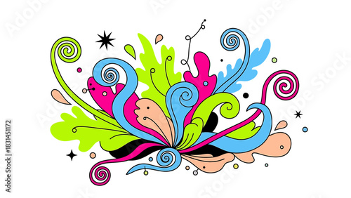 Lively abstract illustration featuring an explosion of colorful swirls, stylized organic forms, and decorative flourishes, conveying dynamic energy and creative artistic flair