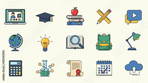 A vibrant collection of flat design icons representing modern education, school subjects, and online e-learning technology