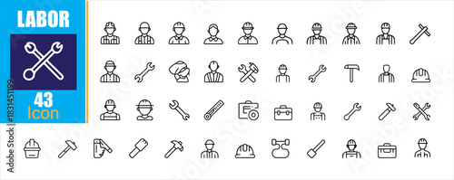 Manual Labor and Repair Tools Line Icon Set. Mechanic, Handyman, and Maintenance Vector Symbols.
