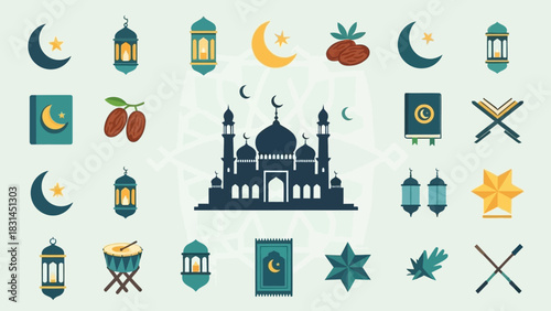 Islamic Symbols and Decorations Illustration Crescent Moons, Mosque, Lanterns, Dates, and More