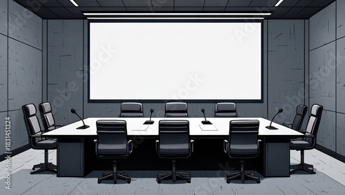 Modern conference room with large screen and seating arrangement