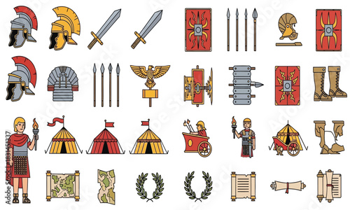 A detailed vector icon set of Ancient Roman army equipment, including legionary soldier, weapons, and armor